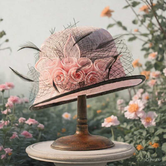 Elegant baby pink sinamay with black trim - pre order