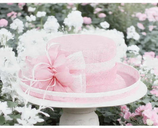 Pink sinamay hat with white trim - pre order