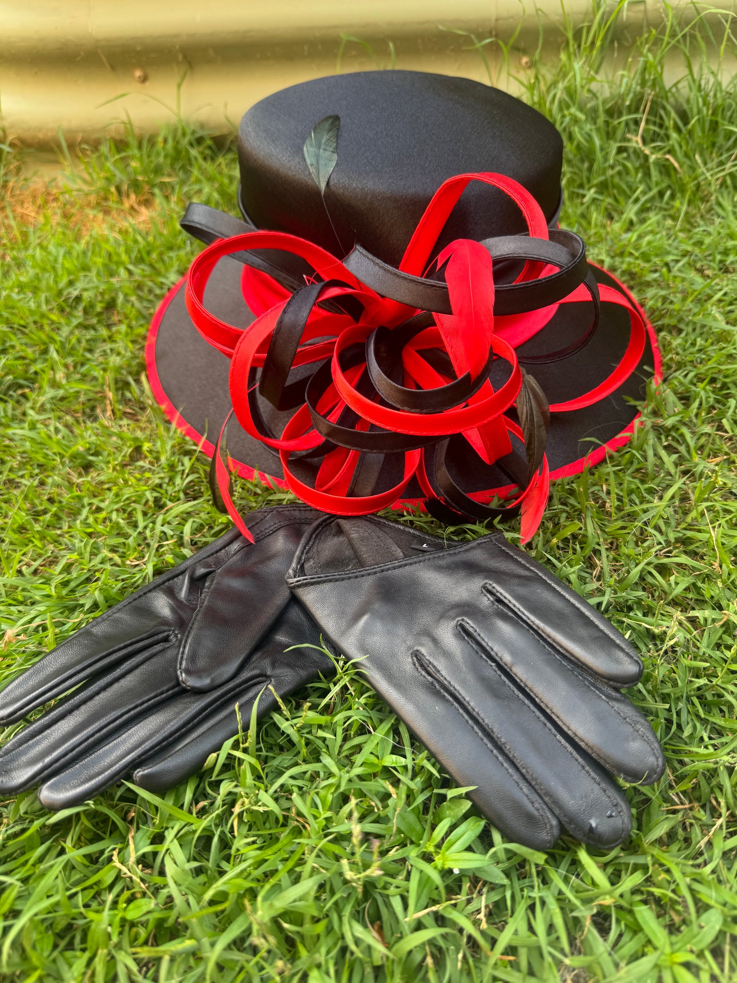 Stunning black hat with red trim and black half palm gloves - pre order