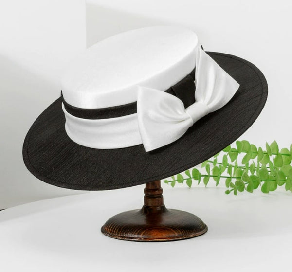 Black and white satin overlay boater