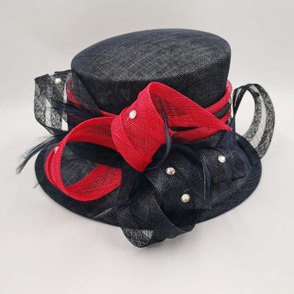 Navy sinamay hat with red trim and bling pre order