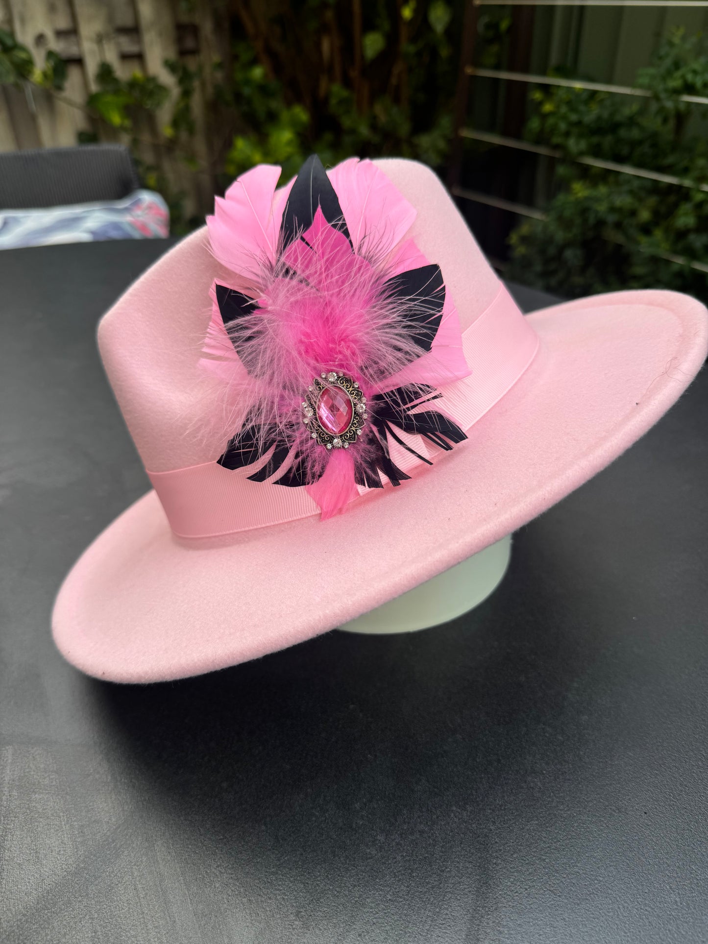 Baby Pink Panama hat with gorgeous removable feather