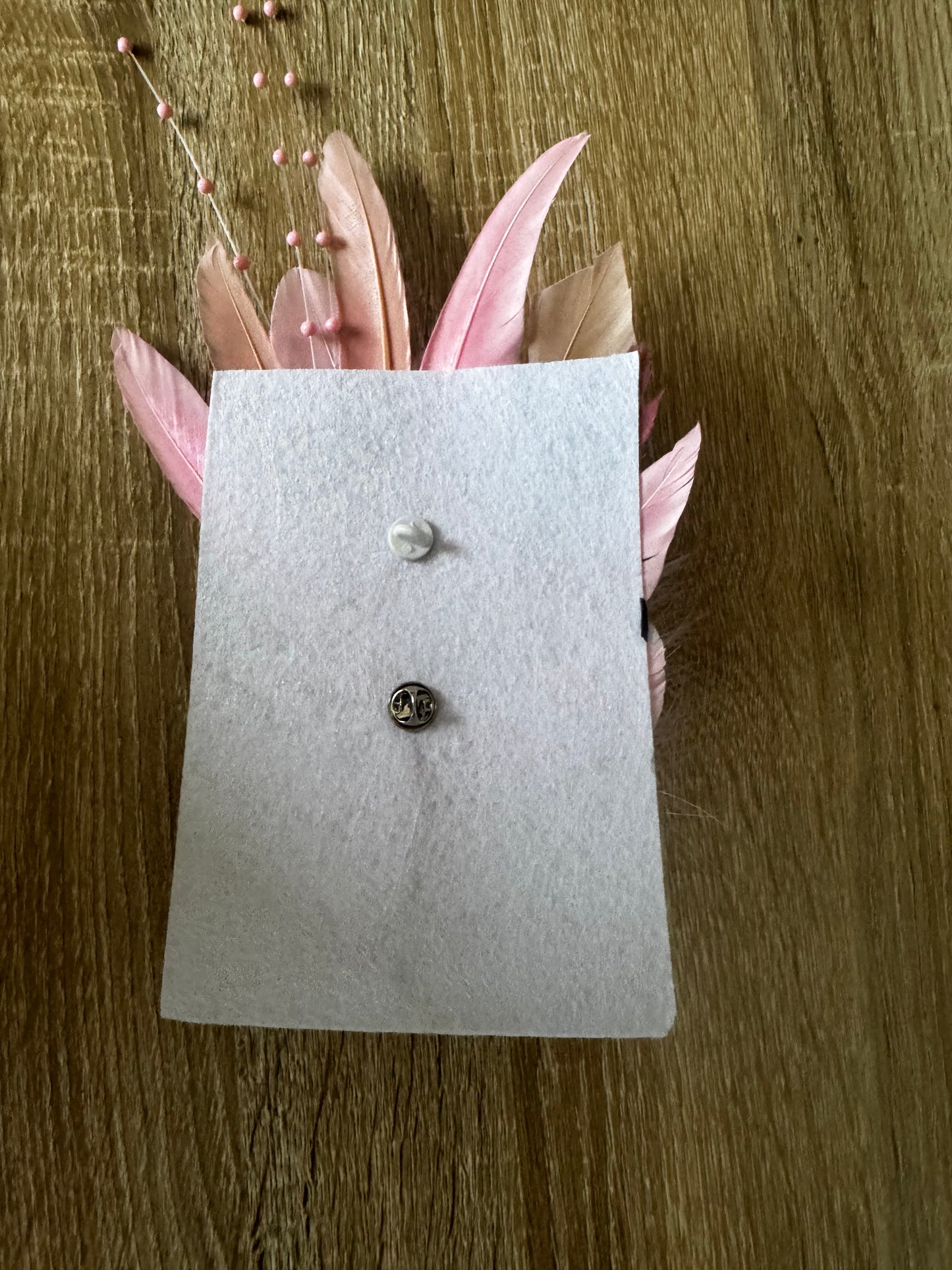 Baby pink hunter feather on a pin