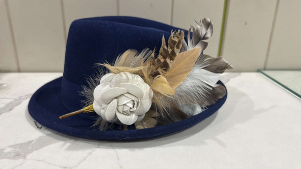 Gorgeous navy trilby with hat feather 🪶