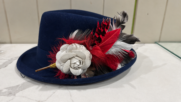 Navy trilby/fedora wool Hat with hunter feather on a pin - pre order