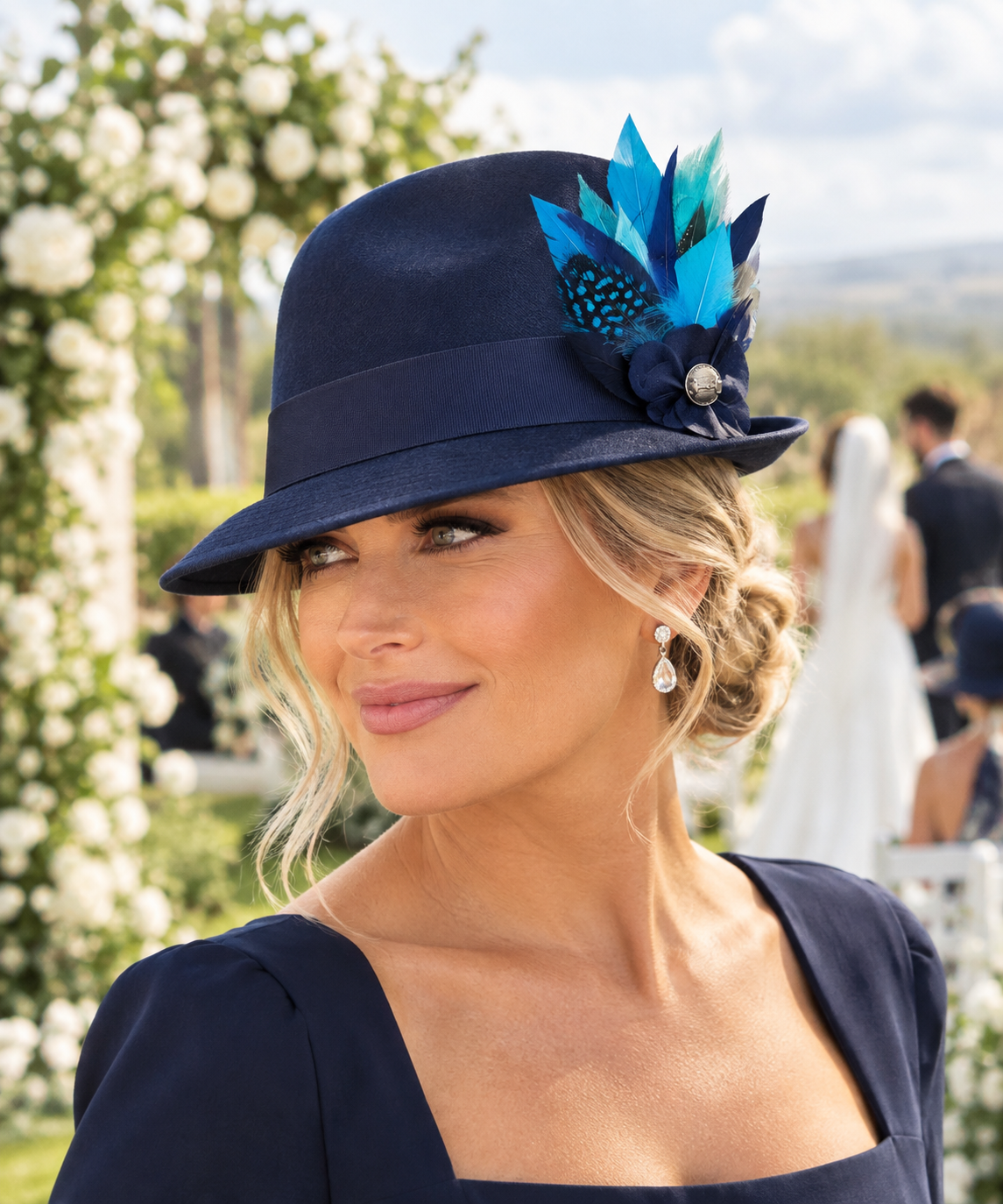 Navy trilby/fedora wool Hat with hunter feather on a pin pre order