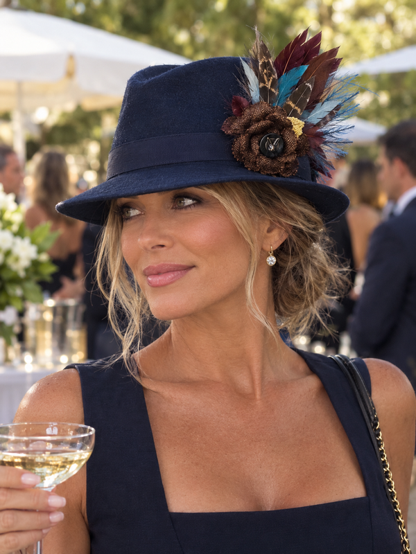Navy Panama hat with custom made feather