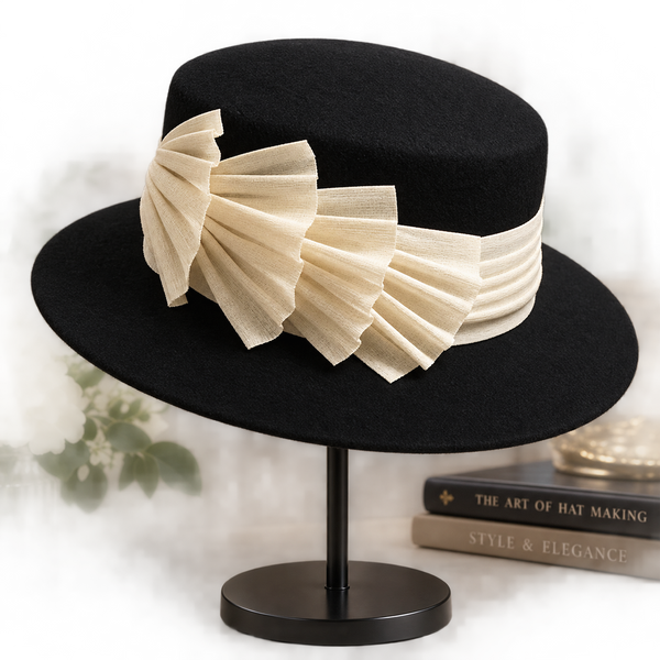 Black boater style hat with cream fan pre order