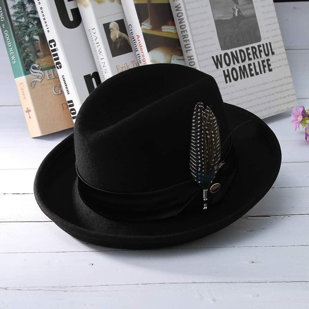 Black mens/unisex black wool hat with feather