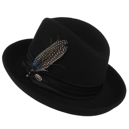 Black mens/unisex black wool hat with feather