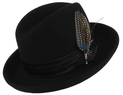 Black mens/unisex black wool hat with feather