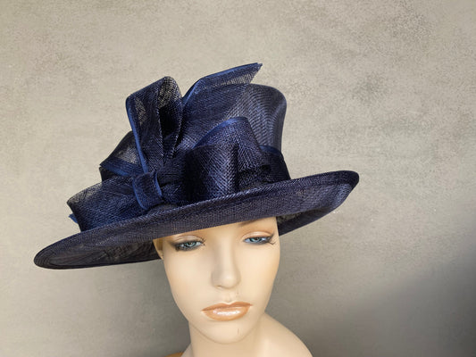 Gorgeous navy sinamay hat with up turn medium brim