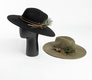 Unisex black panama hat with peacock feather