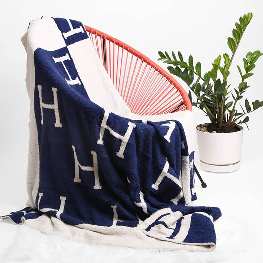 H Patterned Reversible Throw Blanket Navy