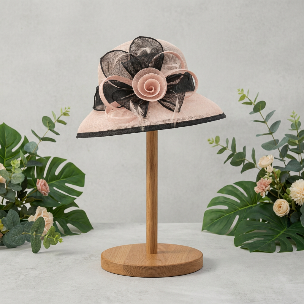 Medium brim baby pink with black trim