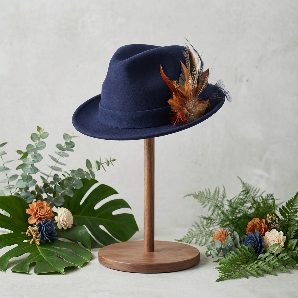 Navy Wool Fedora with White Trim and Feather