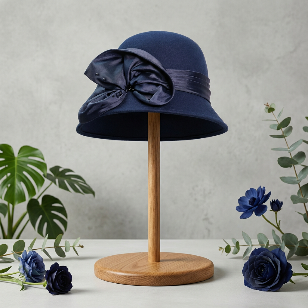 Navy wool piece with flower embellishment