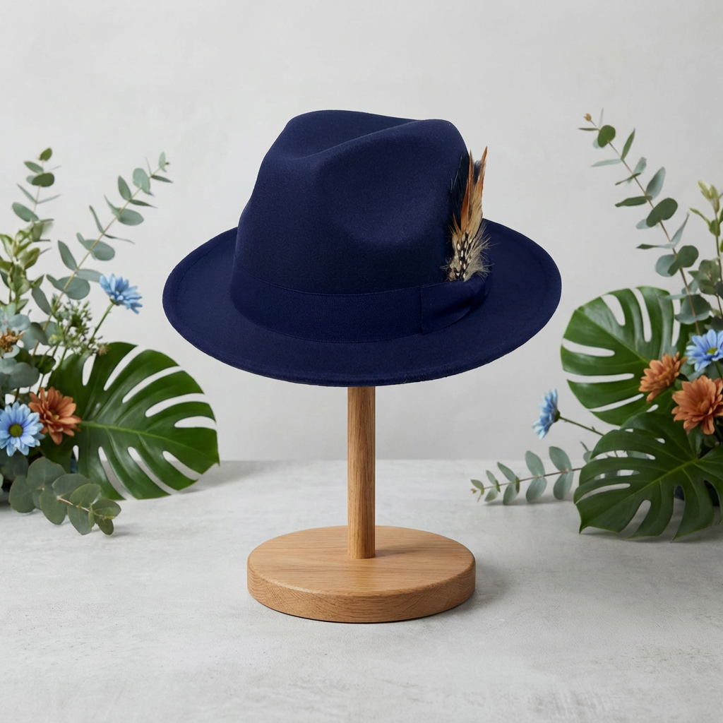 Navy Fedora with Feather