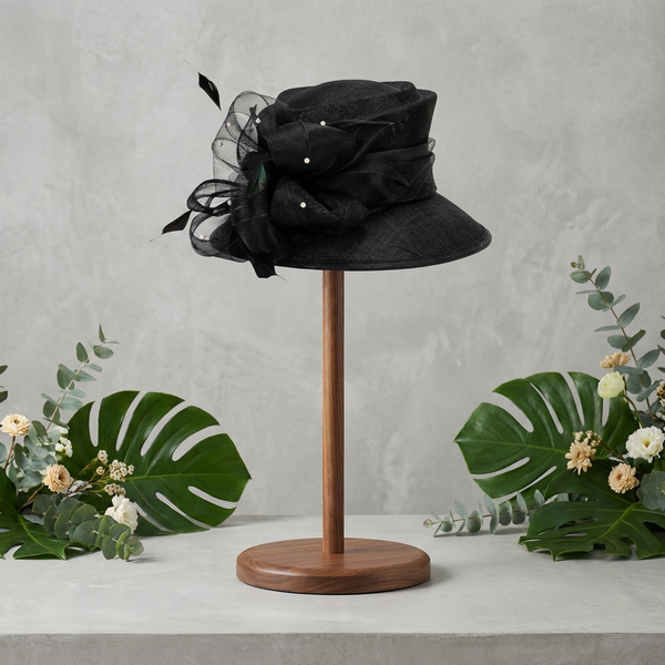 Black sinamay medium brim piece with a touch of bling