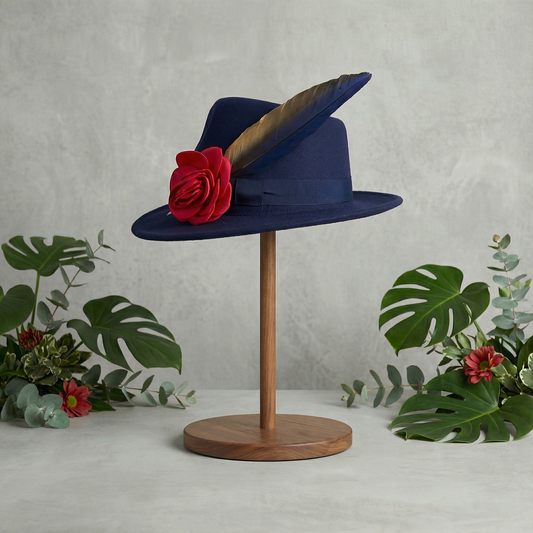 Navy Panama hat with red flower and Maccaw feather 🪶