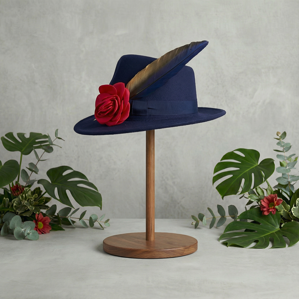 Navy Panama hat with red flower and Maccaw feather 🪶