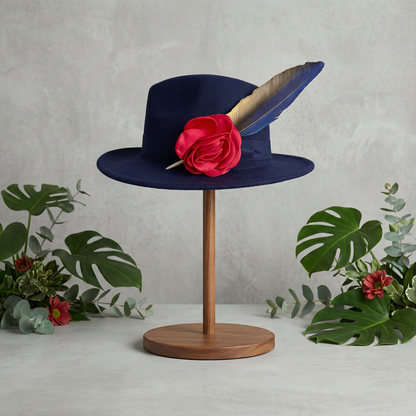Navy Panama hat with red flower and Maccaw feather 🪶