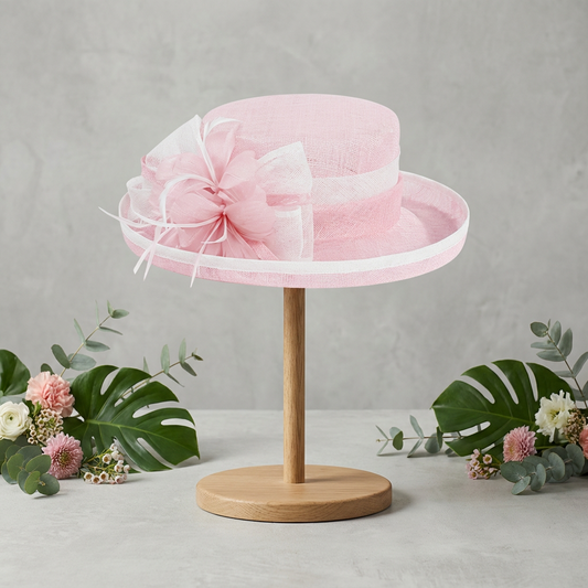 Pink sinamay hat with white trim