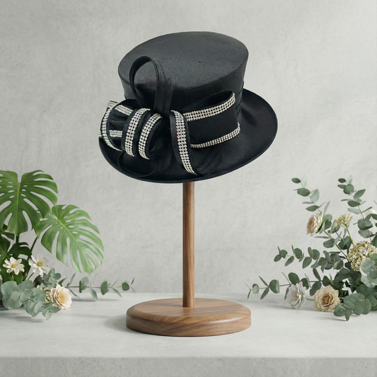 Black Satin Crystal Loop Hat