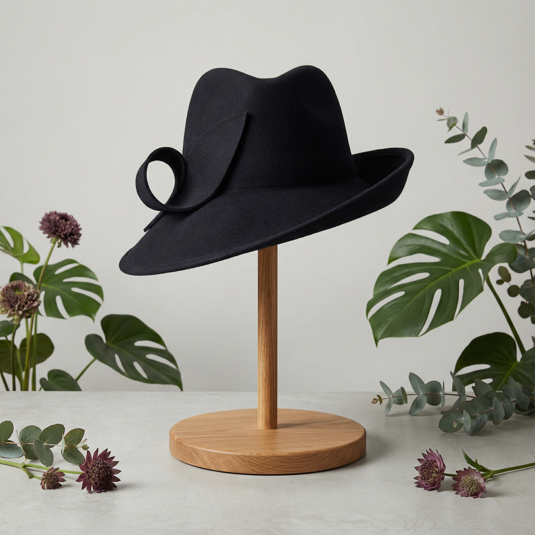 Black Sculpted Wool Brim Hat