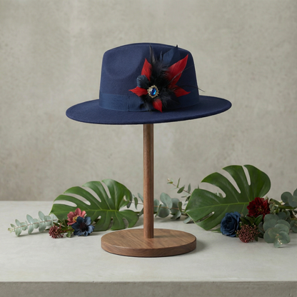Navy Panama hat with Feather Trim on a removable magnetic