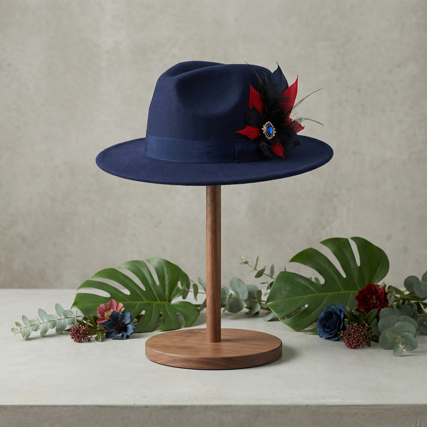 Navy Panama hat with Feather Trim on a removable magnetic