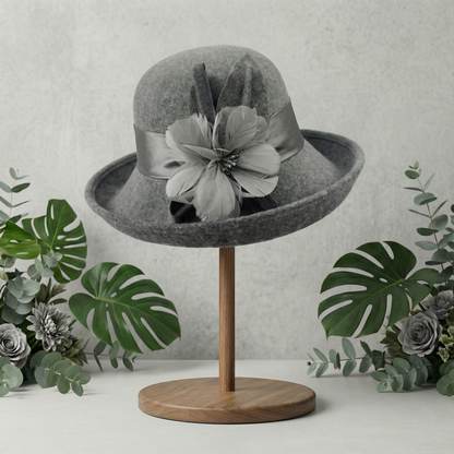 Grey Wool Flower Accent Hat