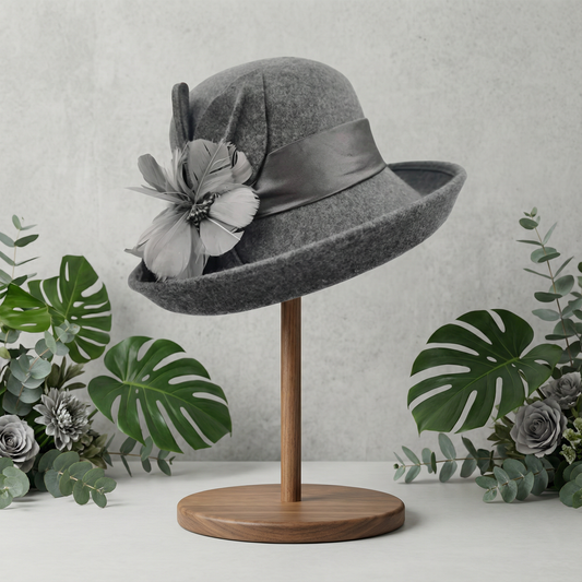 Grey Wool Flower Accent Hat