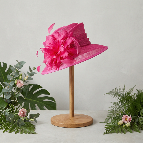 Hot Pink Feather Bloom Hat | Fuchsia Sinamay Race Day Hat  display picture 1