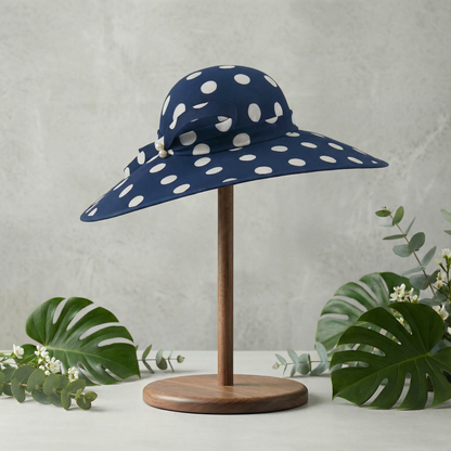 Navy Polka Dot Wide Brim Hat