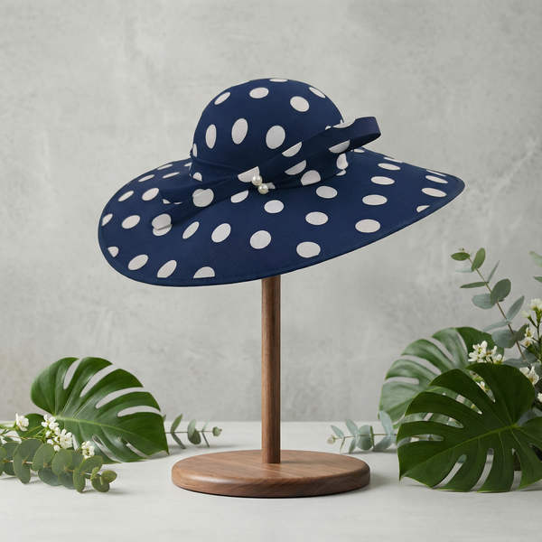Navy Polka Dot Wide Brim Hat