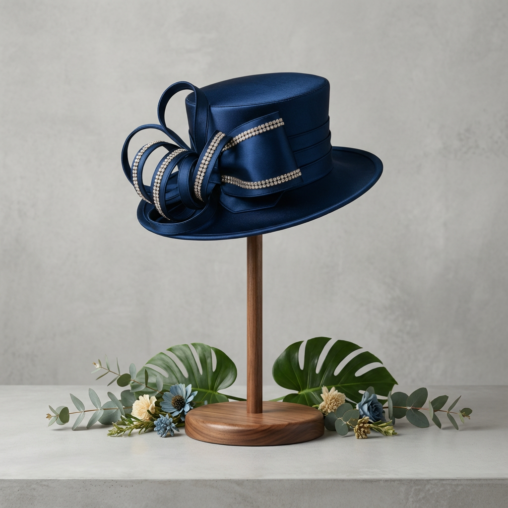 Navy Satin Glamour Hat - pre order