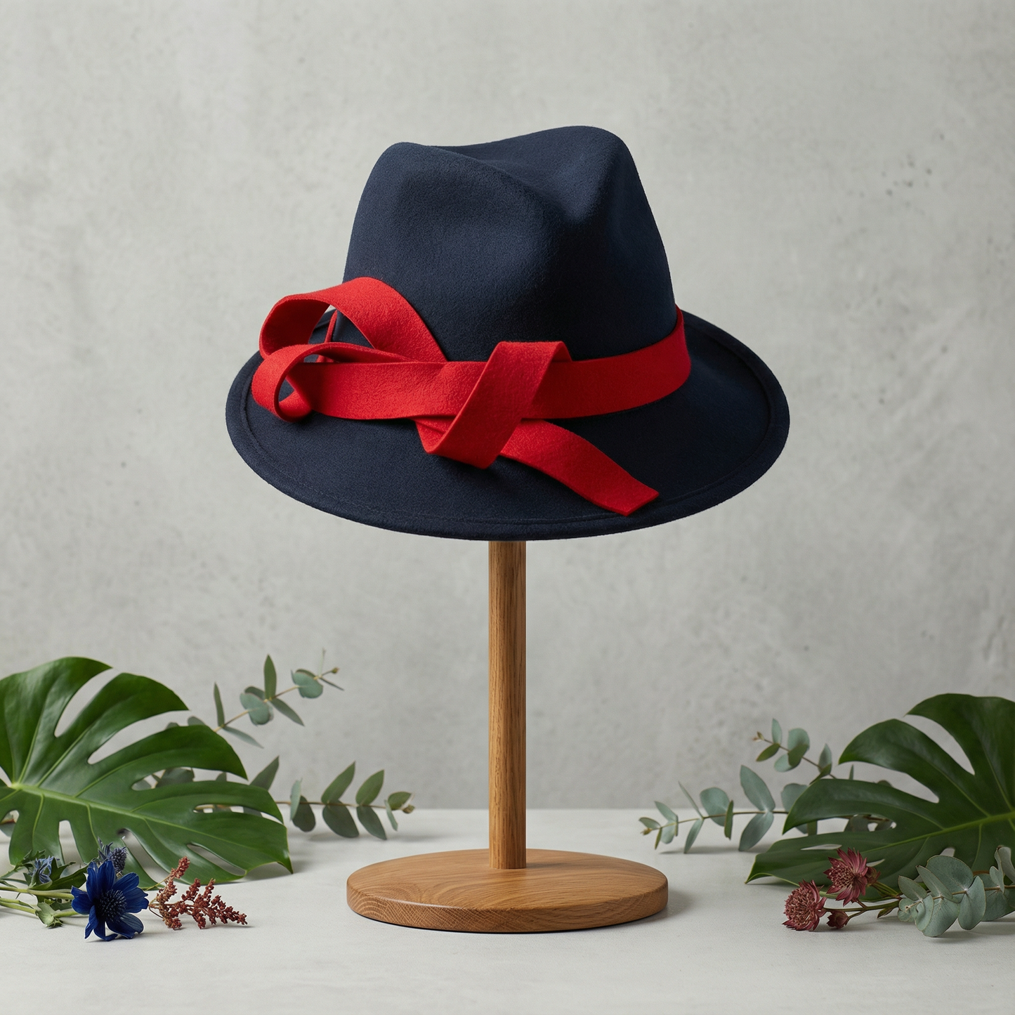 Navy Wool Hat with Red Sculpted Trim