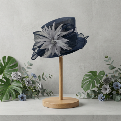 Stunning Navy sinamay hat with grey trim pre order