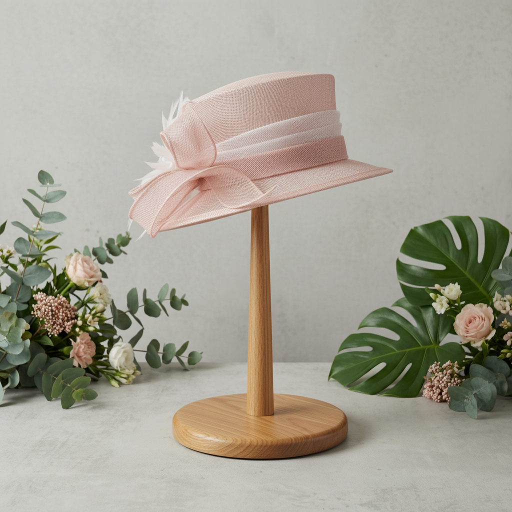 Baby pink sinamay hat with white trim