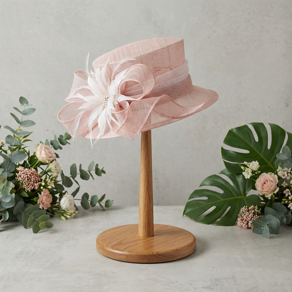 Baby pink sinamay hat with white trim