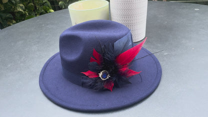 Navy Panama hat with Feather Trim on a removable magnetic