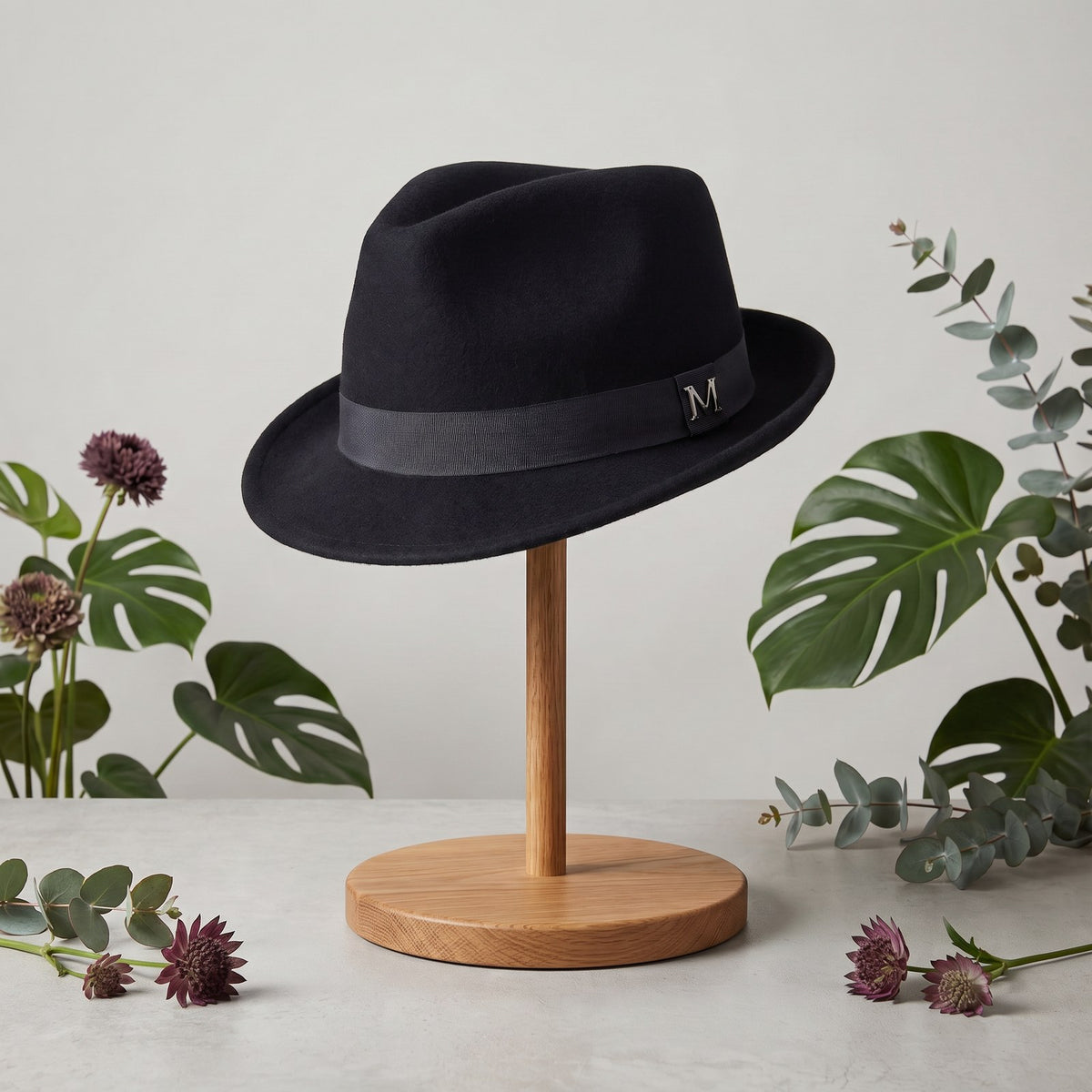 Black Wool M Hat, on stand