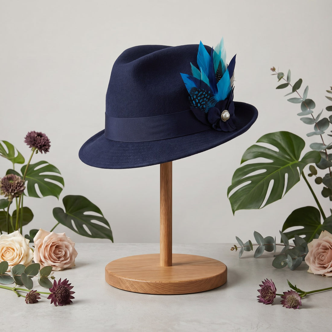 Navy Wool Trilby with Hunter Feather