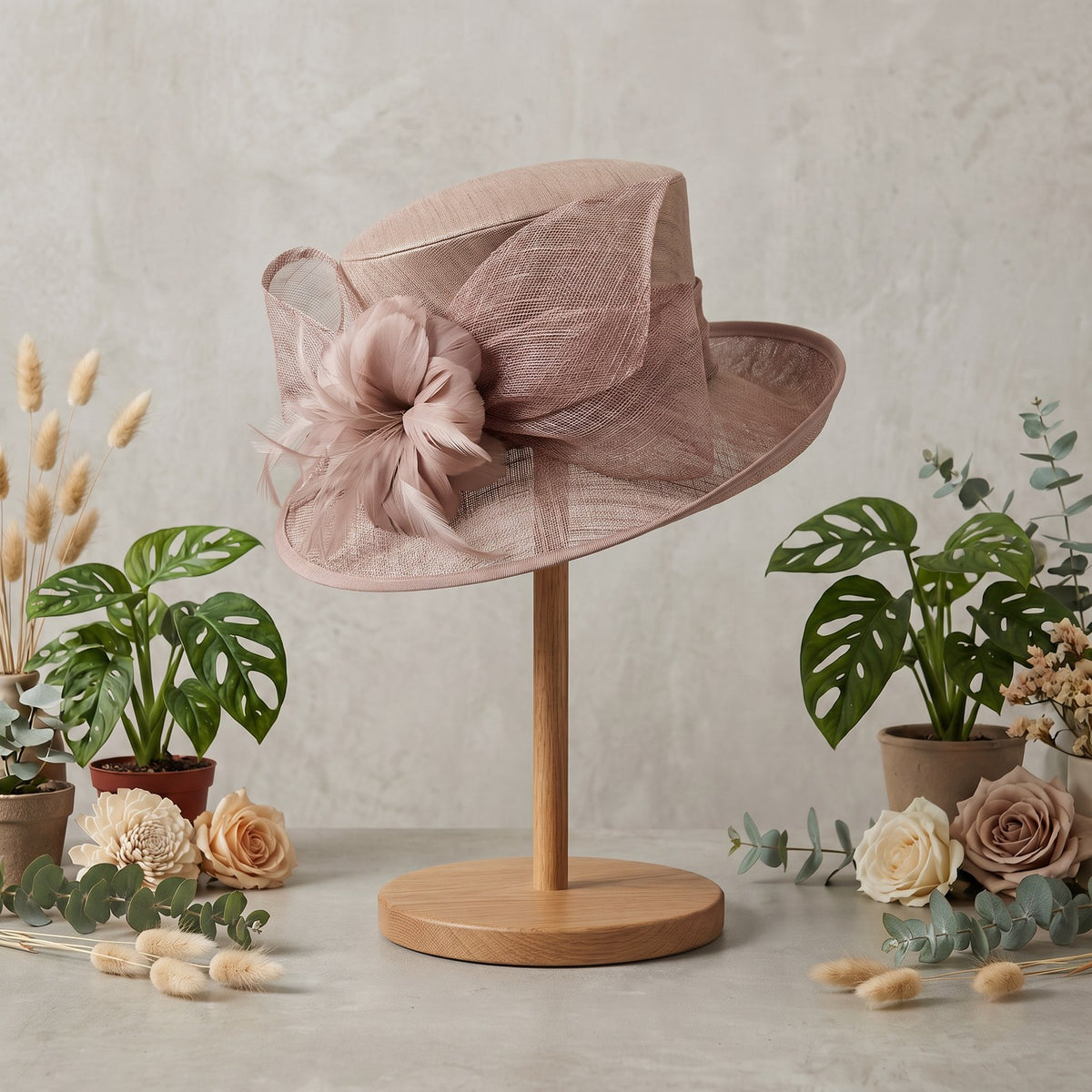 Gorgeous beige/blush brown sinamay hat, on stand