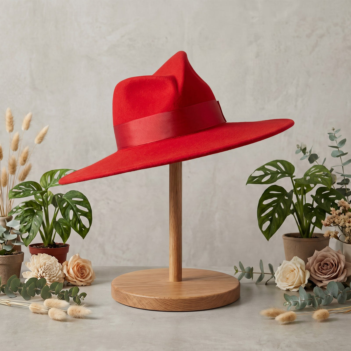 Gorgeous Red Wool Hat, on stand