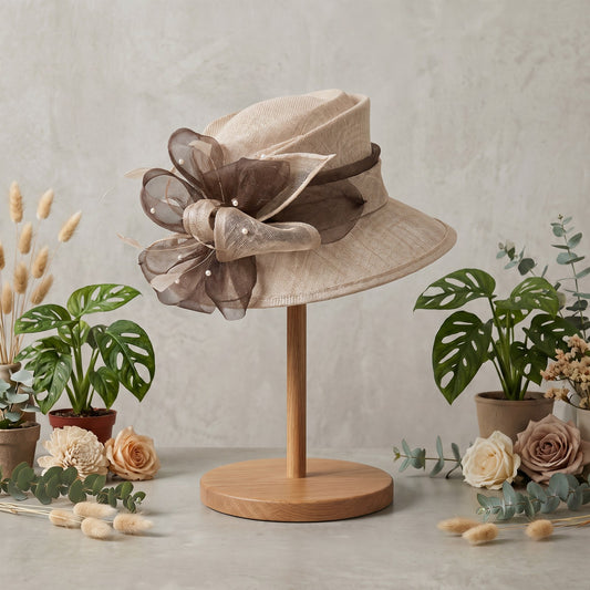 Stunning beige with chocolate trim, on stand
