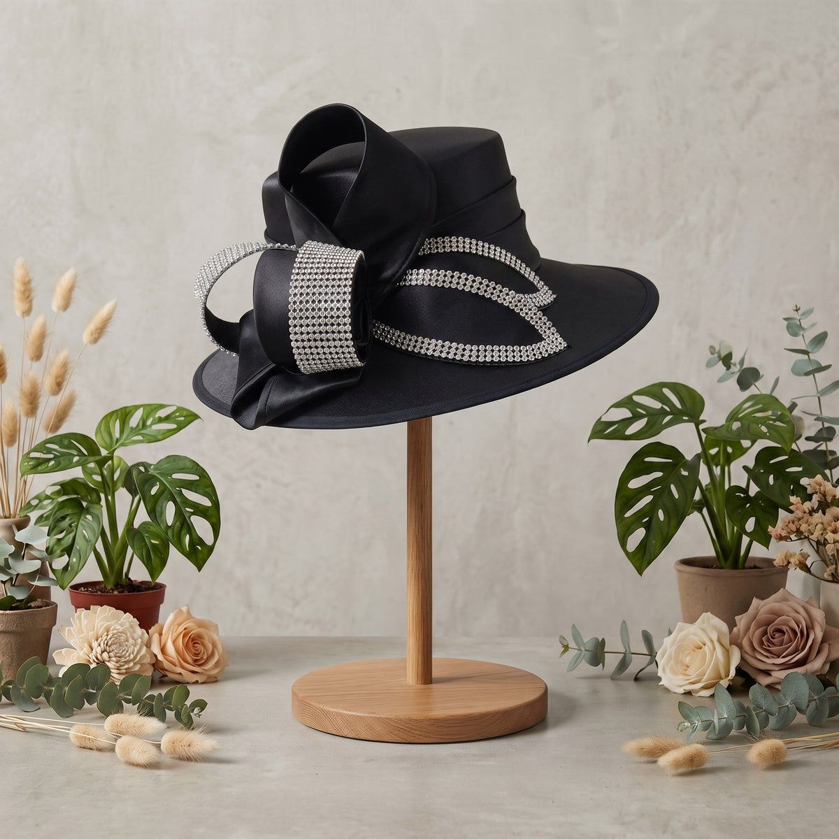 Midnight black satin with bling, on stand