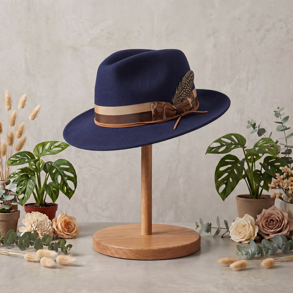 Navy Wool Fedora with Feather Band