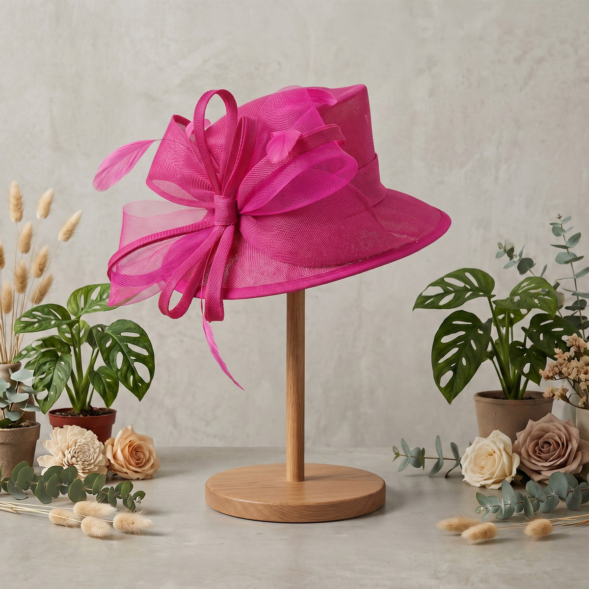 Hot pink hat, on stand